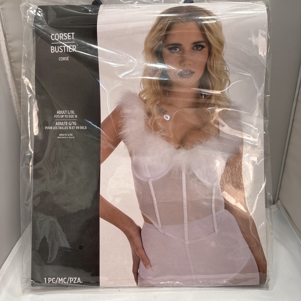 Adult Marabou Sheer White Angel Corset Adult L/XL Halloween Costume Up To Sz 16
